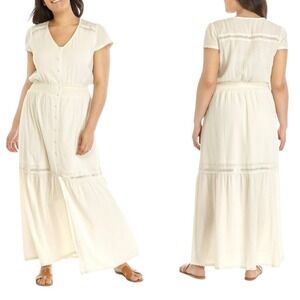 Coastal Cream Smocked Waist Lagenlook Button Festival Prairie Maxi Beach Dress M